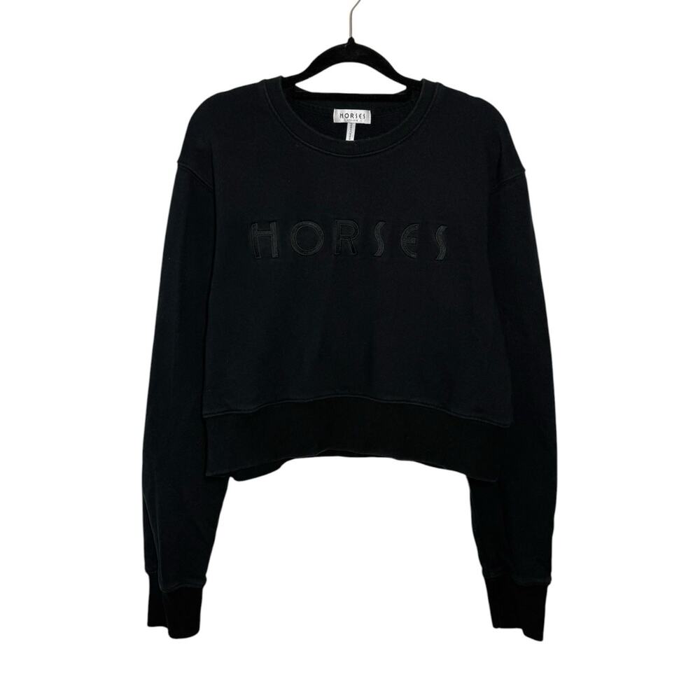 Horses Atelier Black Organic Cotton Pullover Crewneck Crop Sweatshirt Small